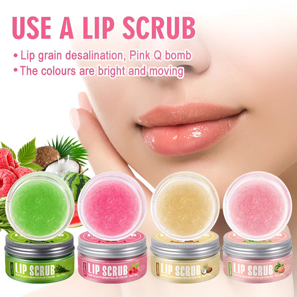 Amatoni lip scrub cream jar in fruit flavours for exfoliating and moisturising lip care