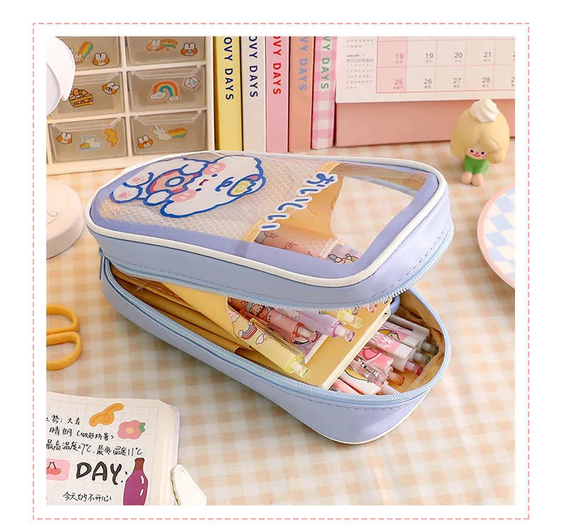 Transparent PVC pencil case with Korean cartoon pattern design for school stationery storage