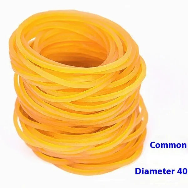 Yellow rubber bands multipack showing assorted sizes from 16mm to 70mm diameter