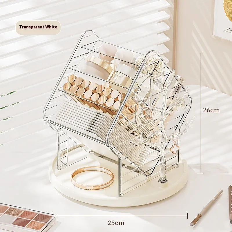 Rotating transparent cosmetics storage box with 360° rotation in light luxury style