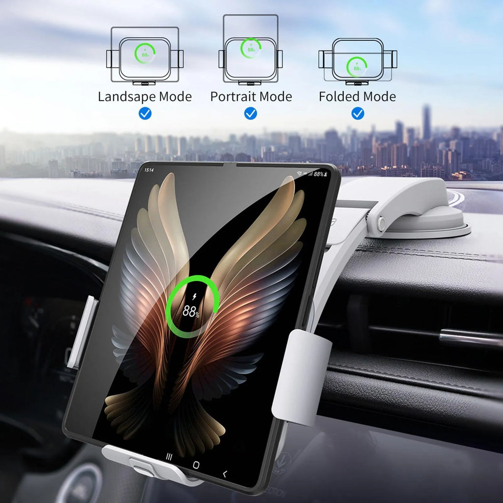 Grey wireless charging car phone holder for folding screen mobiles with AC clip and suction cup mount.