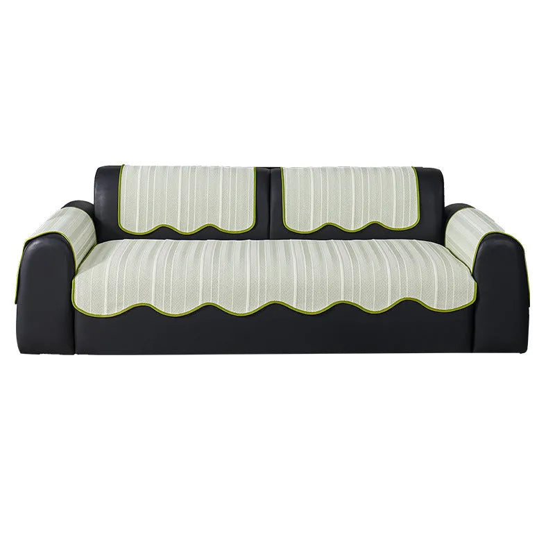 Special-shaped straight row mat cover in Ice Silk fabric on a sofa, showing non-slip design and light luxury style.