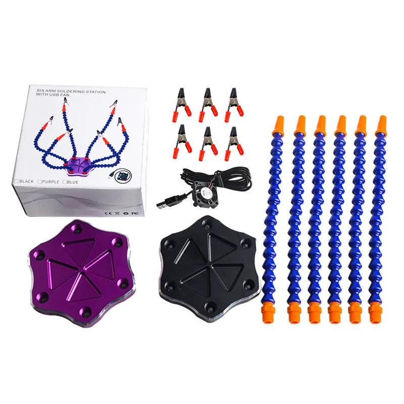 Aluminium alloy six-arm welding station with adjustable clamps in black or purple colour options