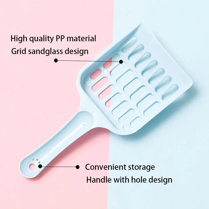 Blue plastic cat litter scoop with slotted design measuring 20cm long for litter box cleaning