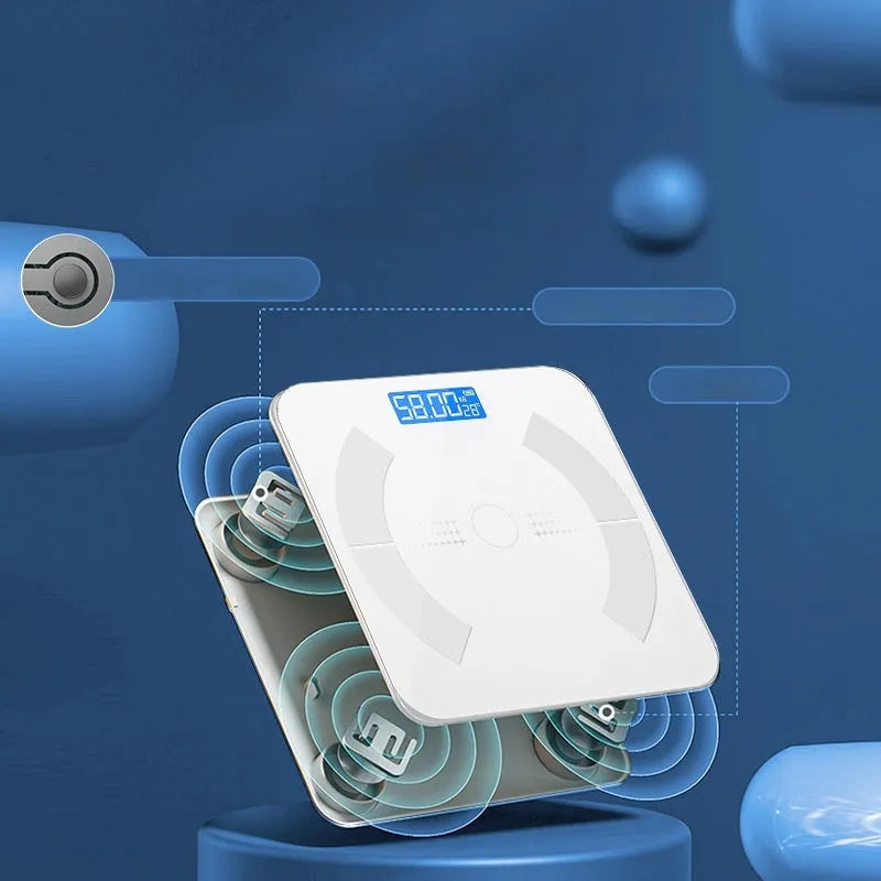 Smart Bluetooth rechargeable body fat scale in white, black or pink colours with USB charging