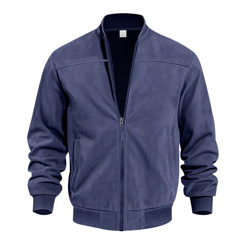 Men's plus size Army Green suede zip-up casual jacket on a hanger.