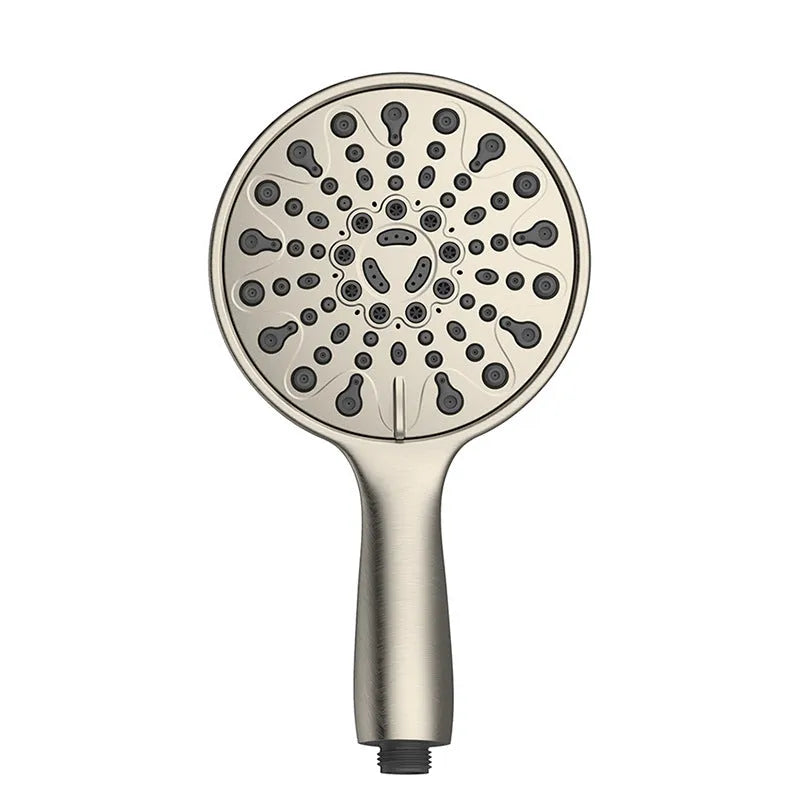 Six-function handheld shower head with electroplated finish, shown alongside its spray settings diagram.
