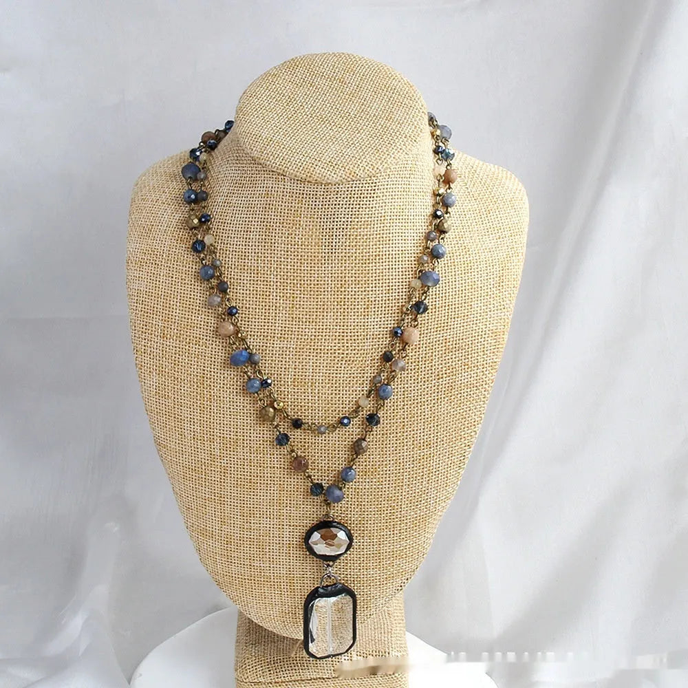 Two-layer tribal necklace with stone and glass pendants on alloy chain, adjustable length