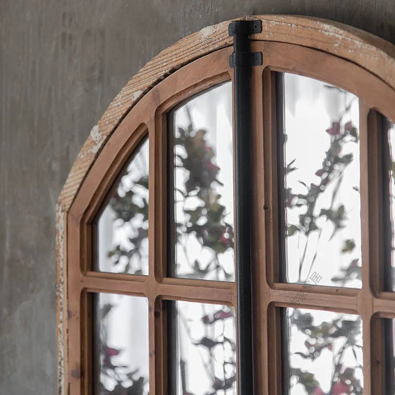 Log colour distressed fake window design wall mirror with wooden glass frame