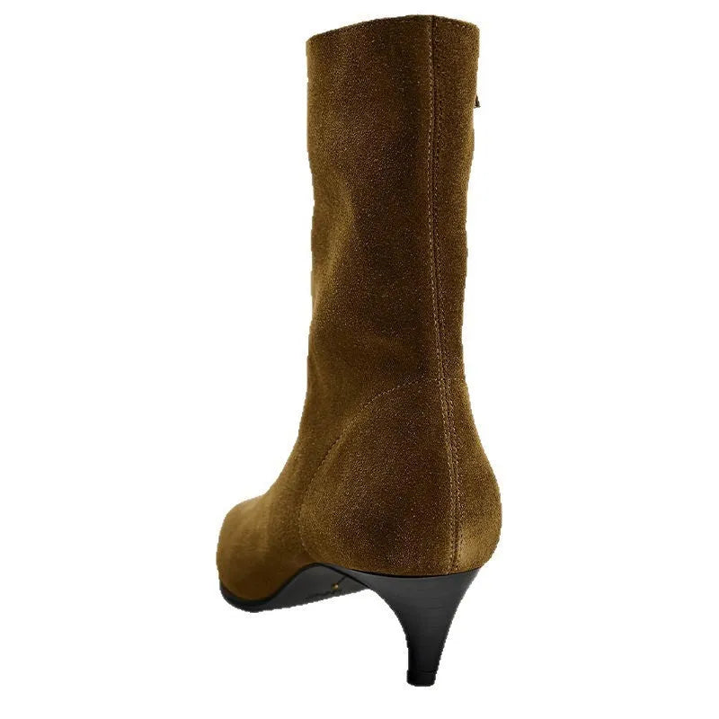 Brown women's square toe ankle boots with side zip and stiletto heel on a waterproof platform sole