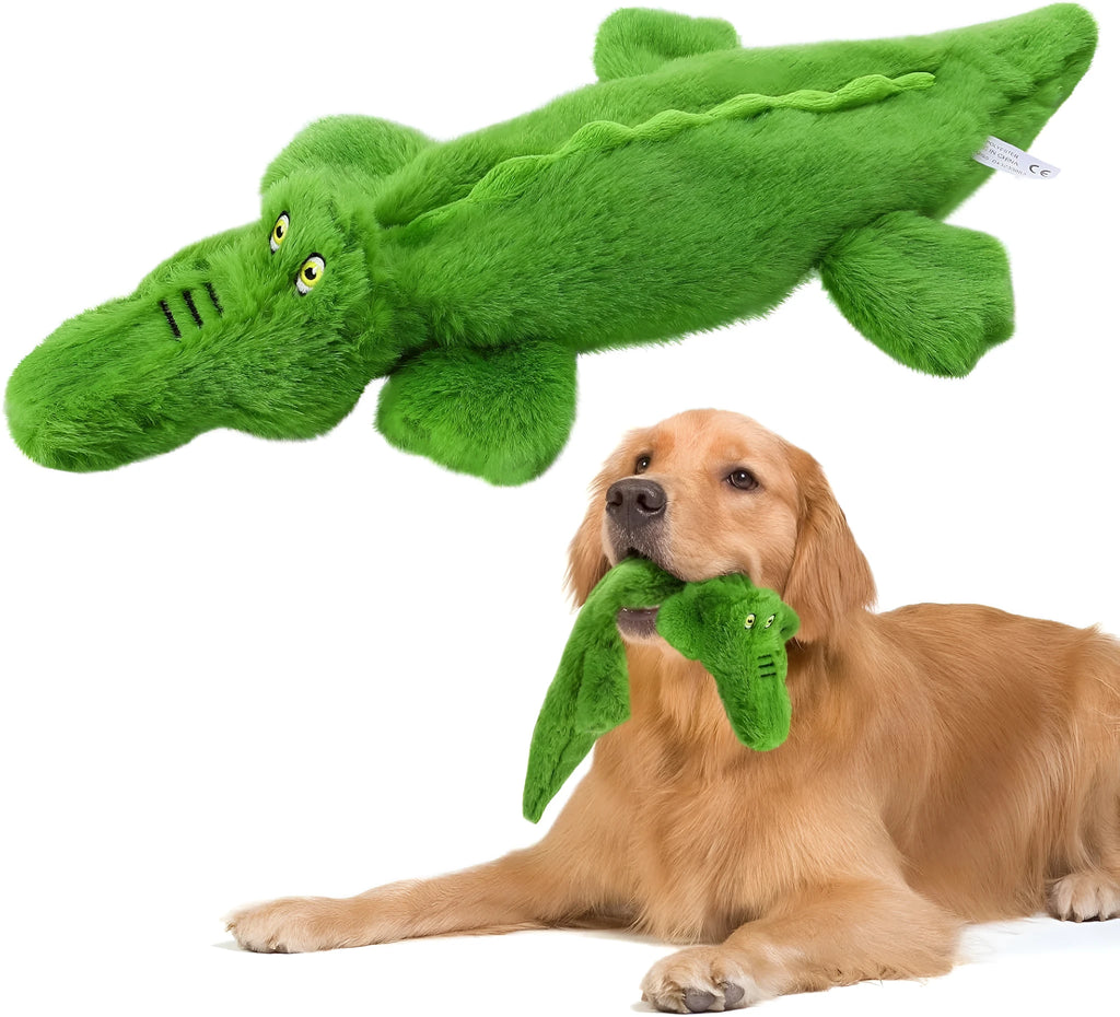 Green crocodile-shaped plush dog chew toy with no-stuffing construction