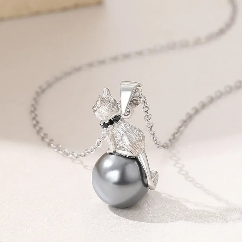 925 sterling silver cat pendant necklace with clavicle-length chain and electroplated finish