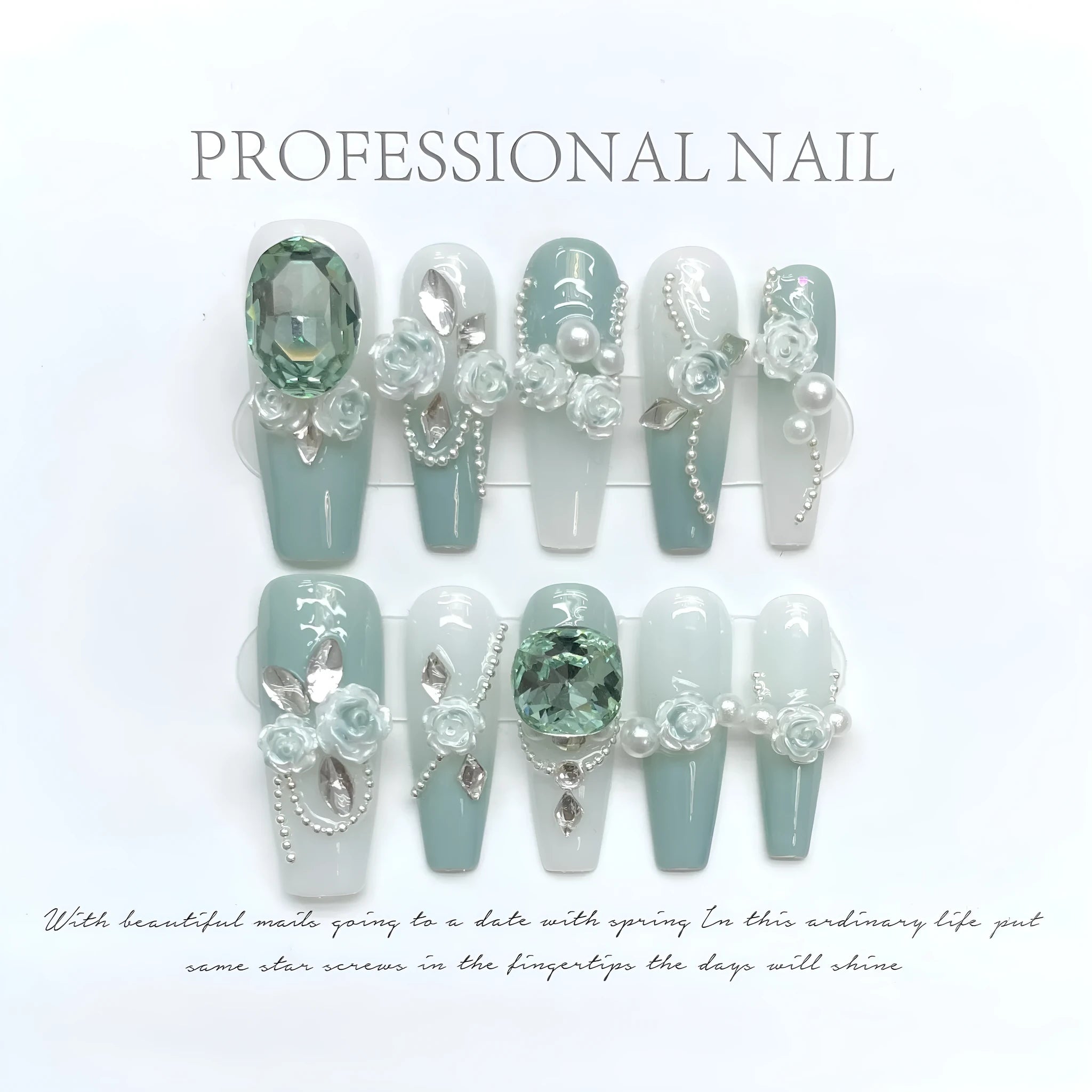 Camellia gradient chain nail art set with diamond, bow and butterfly designs on plastic armour suit