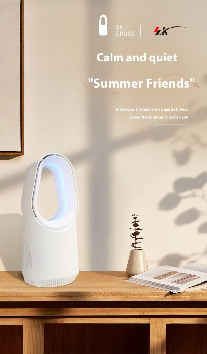 White bladeless tower fan with a remote control and touch screen panel on a desk.