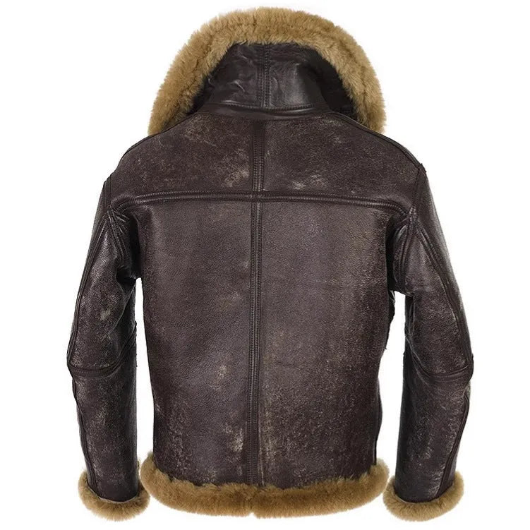 Men's brown synthetic leather retro fur coat for winter on a hanger.