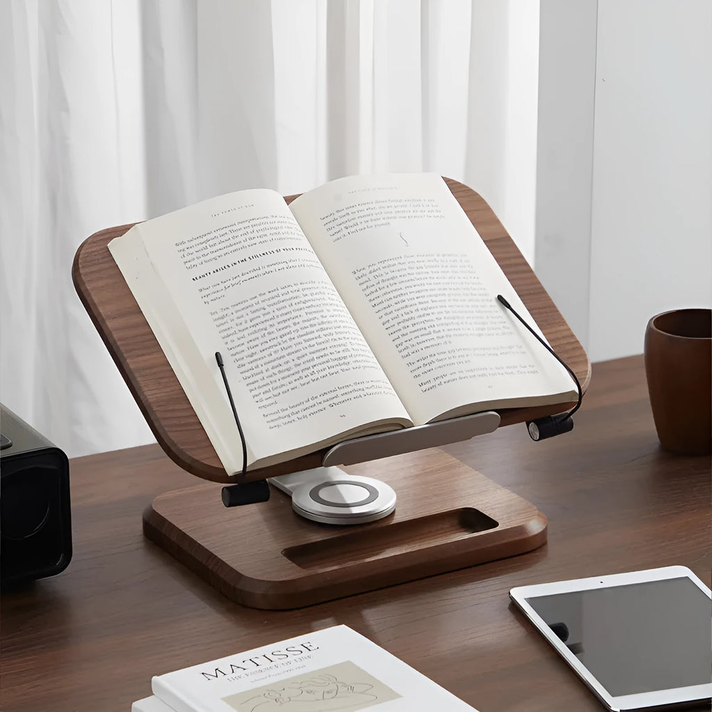 Black walnut solid wood reading rack with adjustable rotating mechanism shown in walnut colours