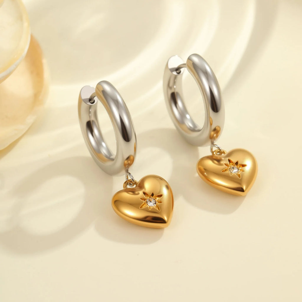 Christmas Tree Heart Earrings in stainless steel with 18K gold electroplating showing heart and star geometric designs
