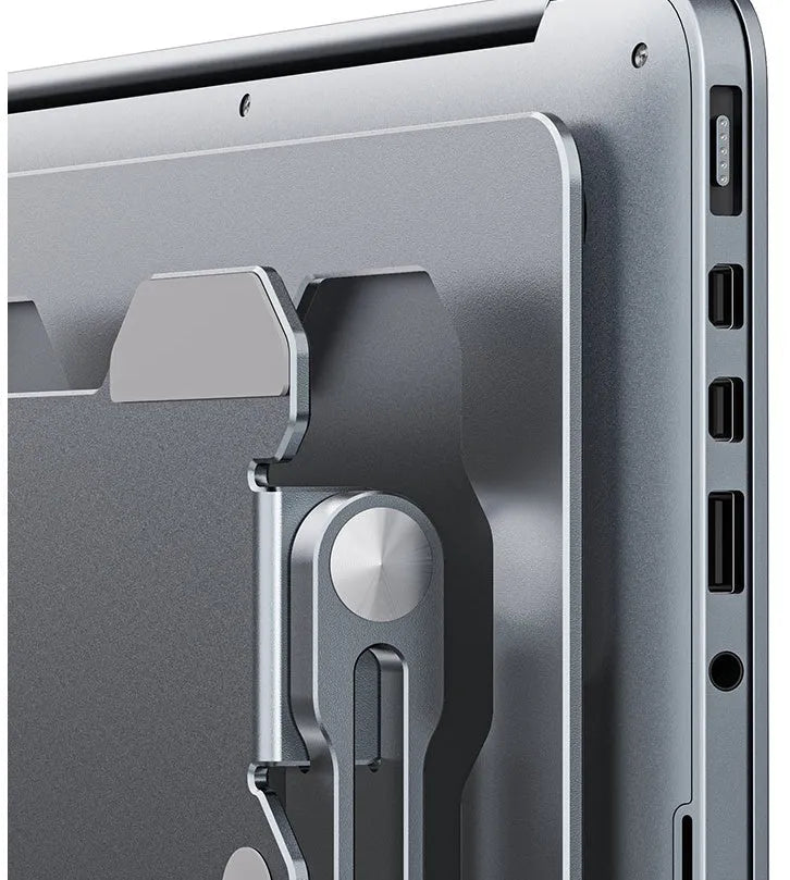 Grey aluminium laptop stand with adjustable angle and foldable design for 15-inch notebooks