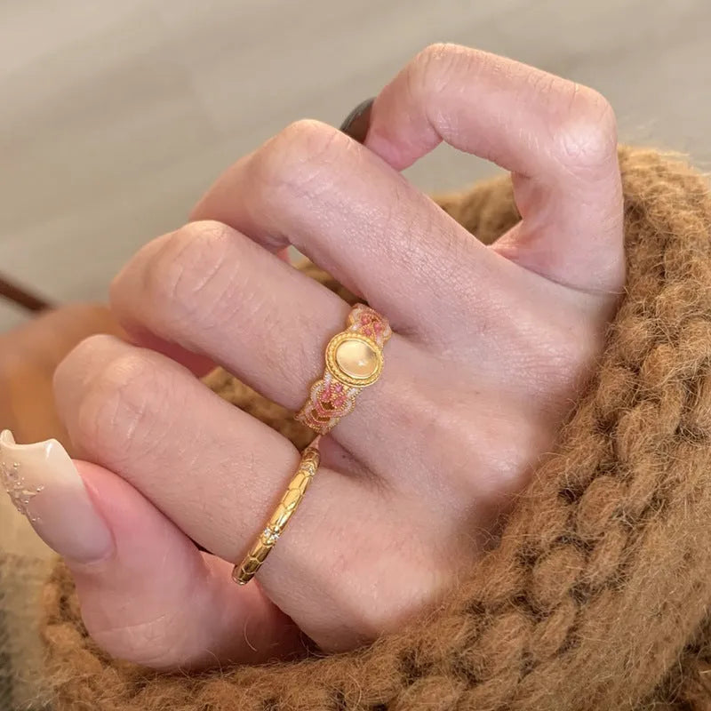 Escape women's open band ring with pink crystal and enamel geometric design