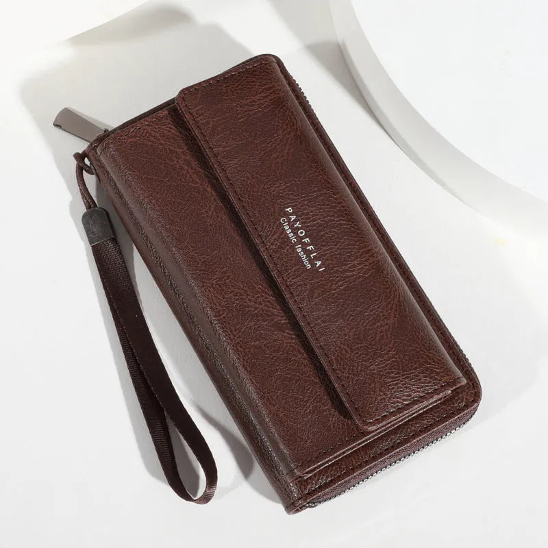 Men's black PU leather long wallet with multiple card slots, shown open and closed.
