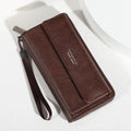 Men's black PU leather long wallet with multiple card slots, shown open and closed.