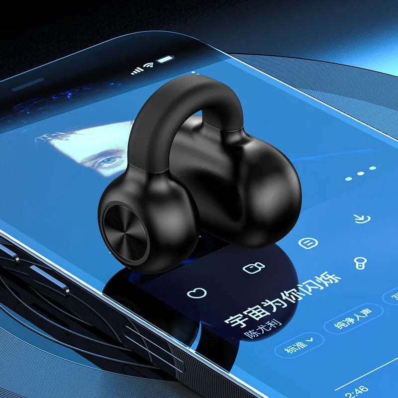 Wireless bone conduction clip-on Bluetooth earphones in black or white with charging cable