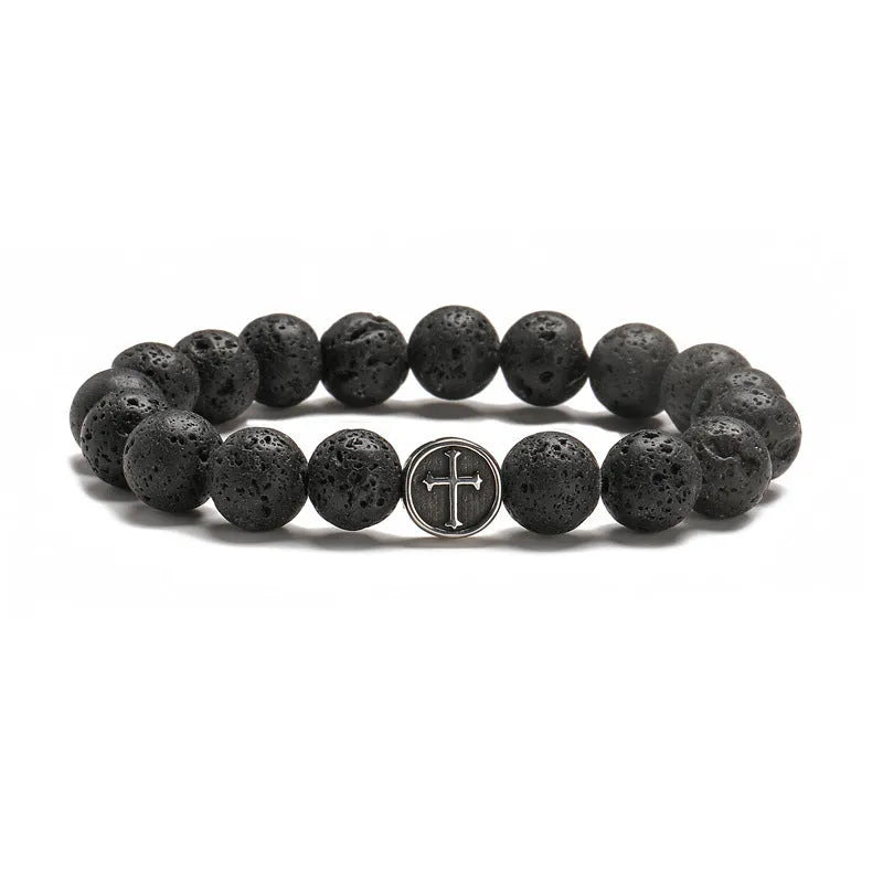 Volcanic rock coloured agate bracelet with geometric beads and stainless steel accents