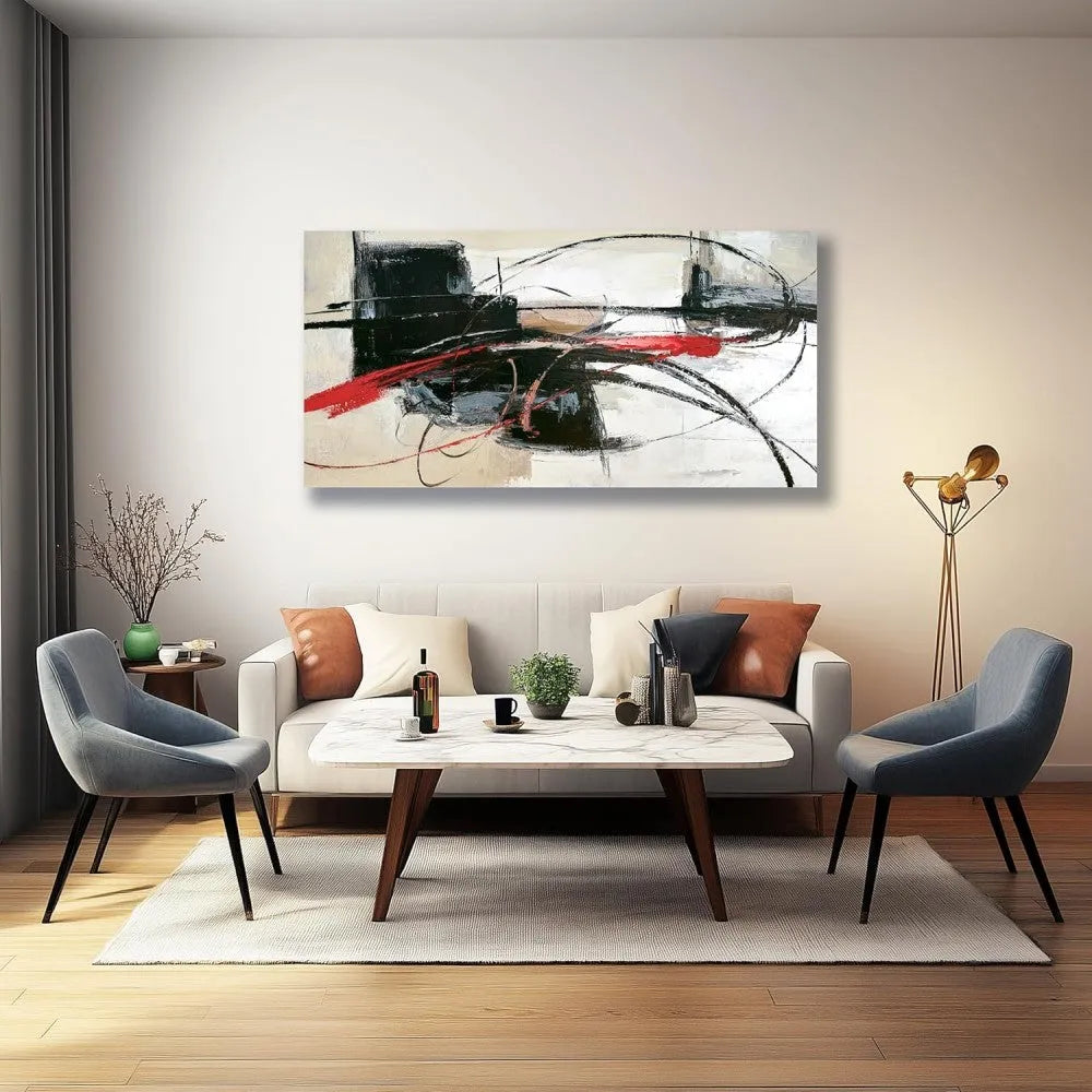Handmade abstract oil painting on canvas, rolled and unframed, horizontal one-panel wall art
