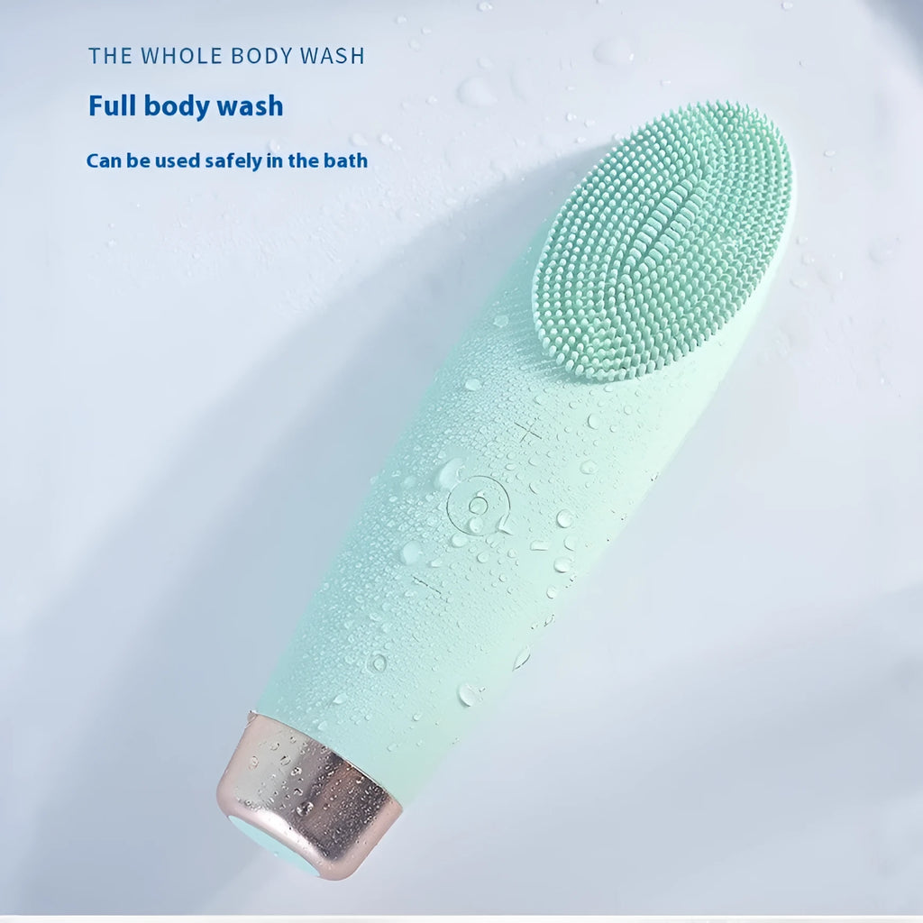 Green rechargeable electric facial cleaner with silicone and ABS body, seven speed settings for deep cleaning.