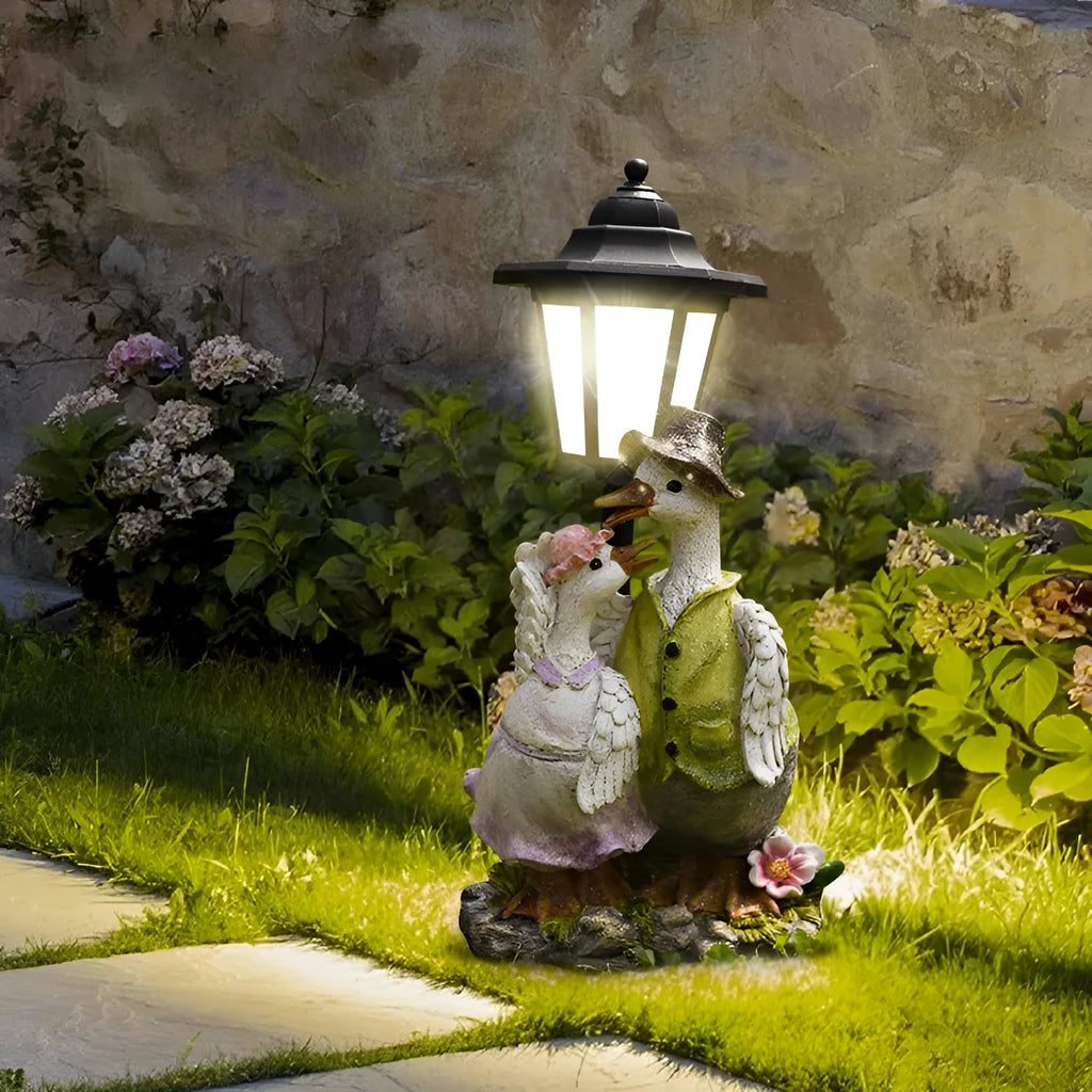 Solar hexagonal garden lamp resin craft in outdoor garden setting with decorative sculpture design