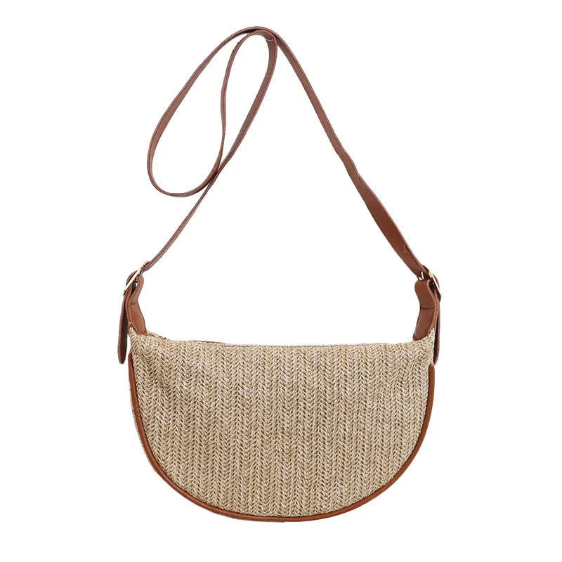 Women's woven straw crossbody bag with internal phone and file compartments in corrugated black colour
