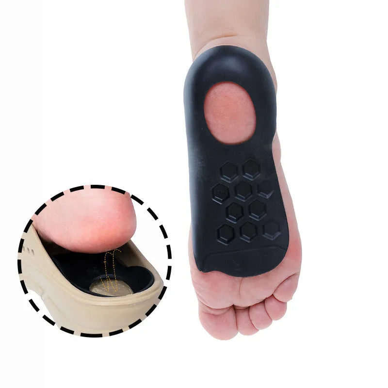 A pair of TPR varus correction insoles with arch support in black, white, and skin colour options.