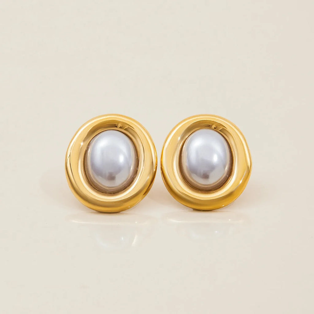 Stainless steel vintage pearl stud earrings with electroplated silver-tone finish and simulated pearl centres