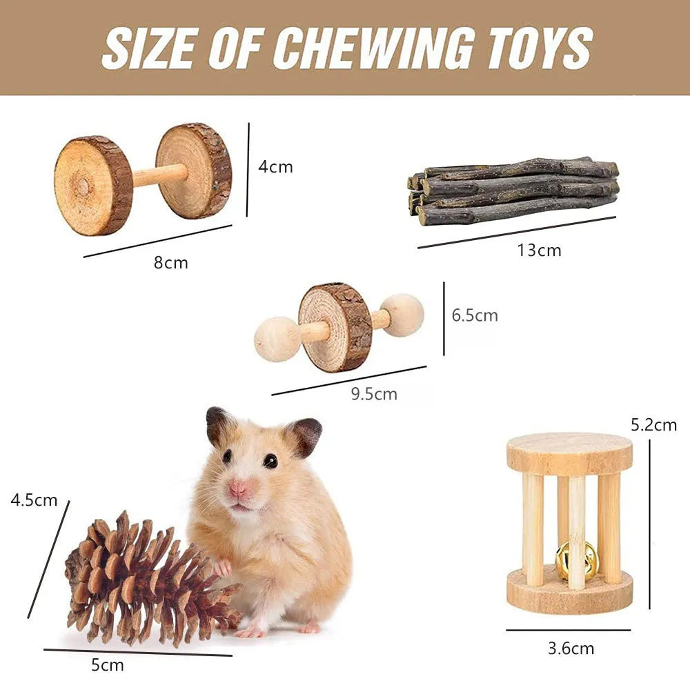 Wooden chew toy set for small pets with natural fibre components including straw and hyacinth balls