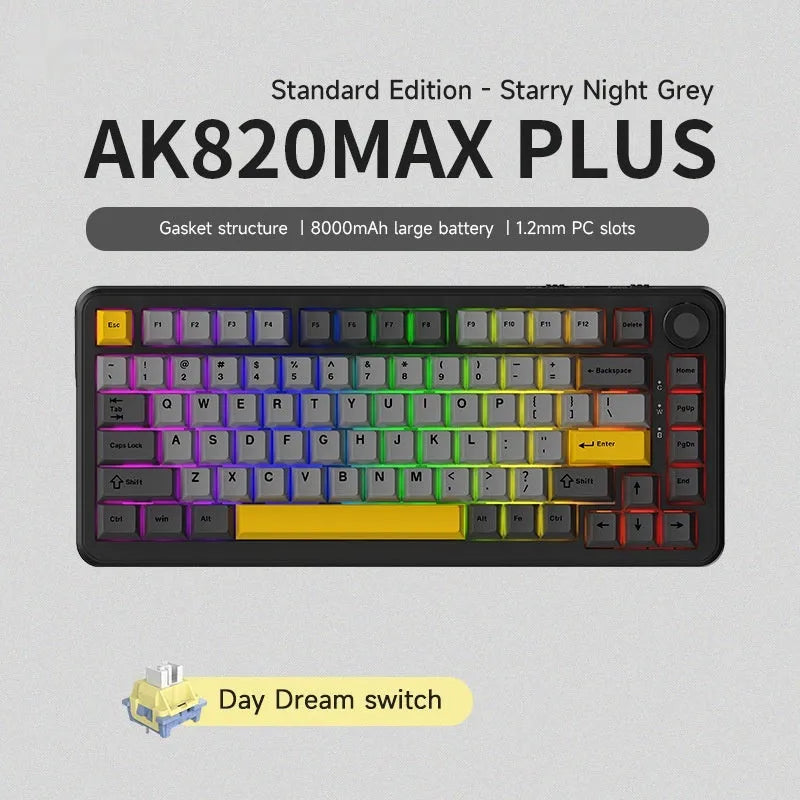 Wireless mechanical keyboard with black, grey and yellow colour scheme showing compact 75% layout with arrow keys