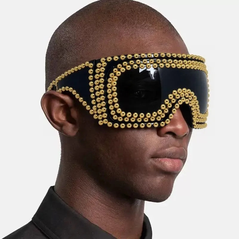Men's punk sunglasses with super large square rim and rivet details in silver colour