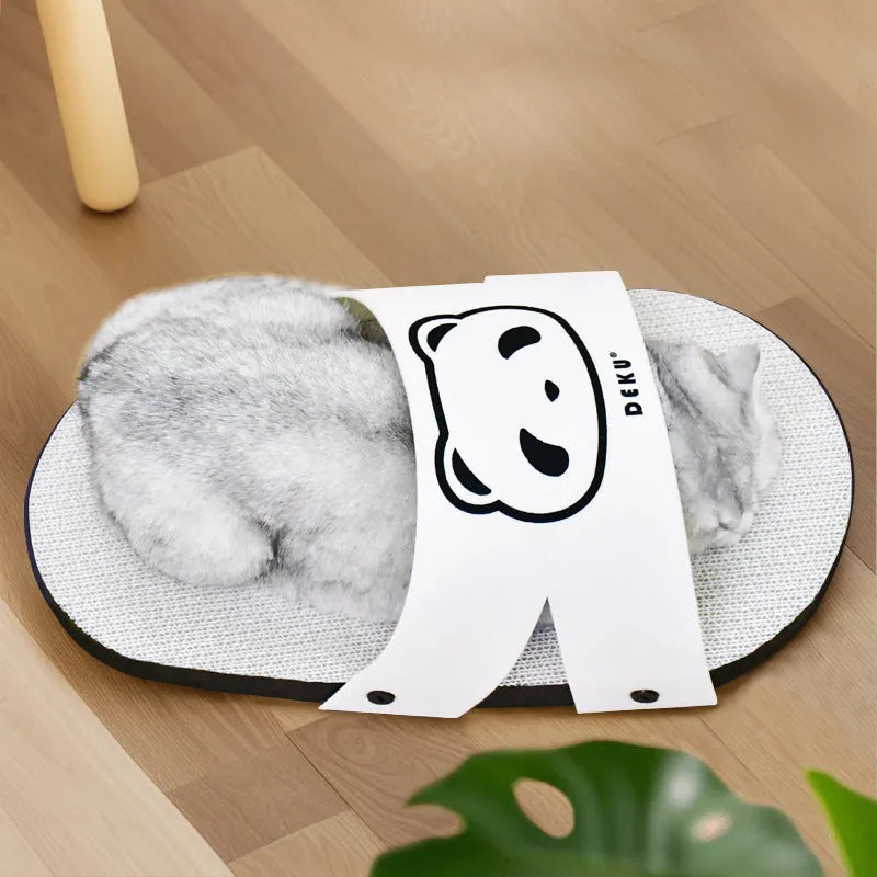 White slipper-style corrugated paper cat scratch board lying flat.
