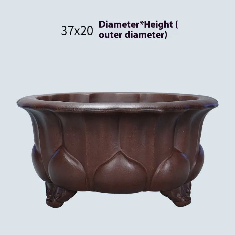 Purple sand antique Chinese style bonsai flower pot with petal basin shape.