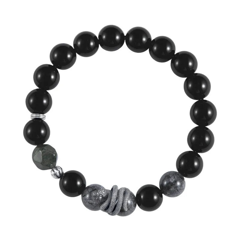 Men's black obsidian snake bracelet in 925 sterling silver with retro zodiac design