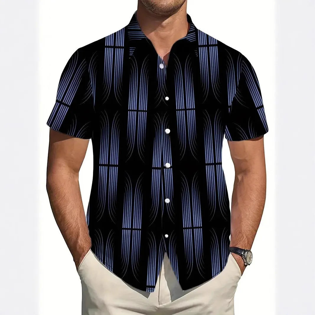 Men's slim fit short sleeve shirt featuring a geometric line style print on the lapel.