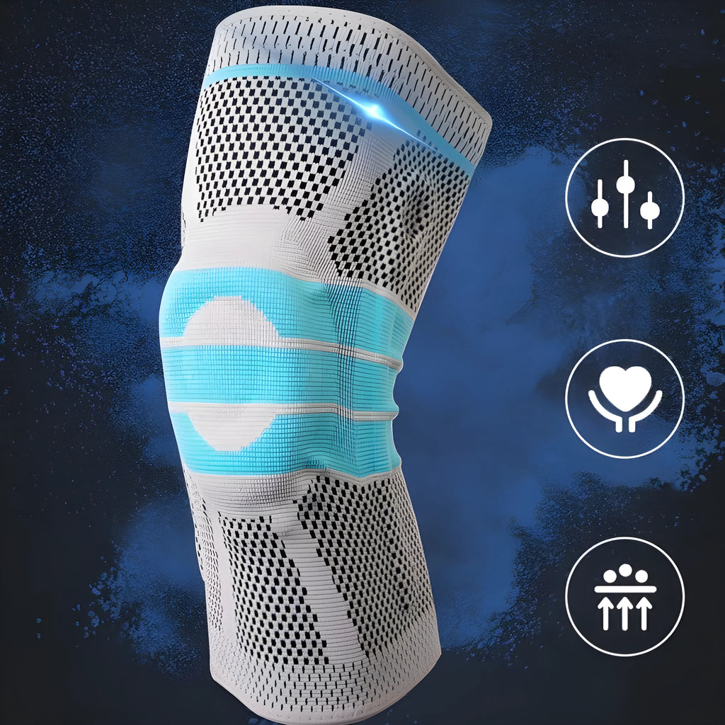 Sky blue silicone knee pad for basketball and sports on a knee.