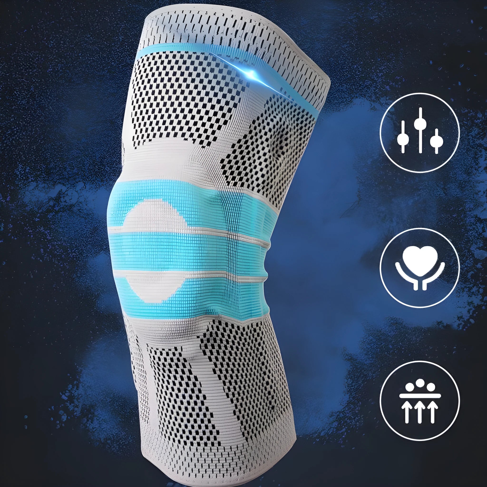 Sky blue silicone knee pad for basketball and sports on a knee.