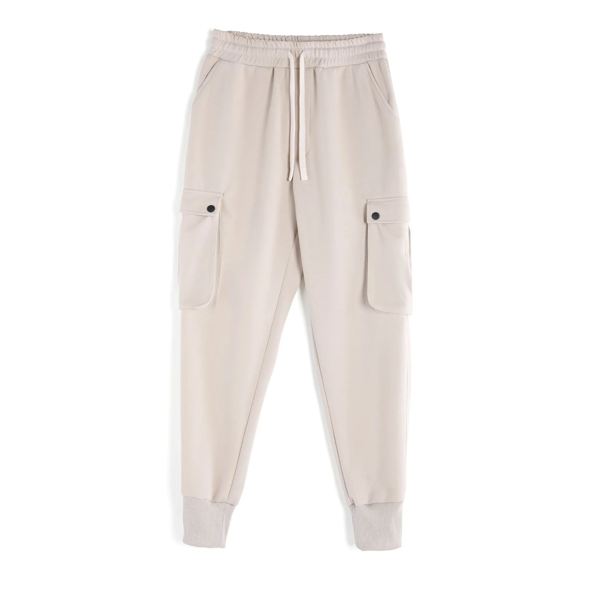 Men's loose cotton trousers with ankle ties and multiple pockets in a light grey colour