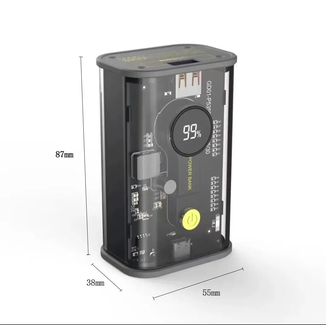 Transparent industrial power bank 10000mAh showing cylindrical aluminum battery cells inside clear plastic case with yellow and black color options