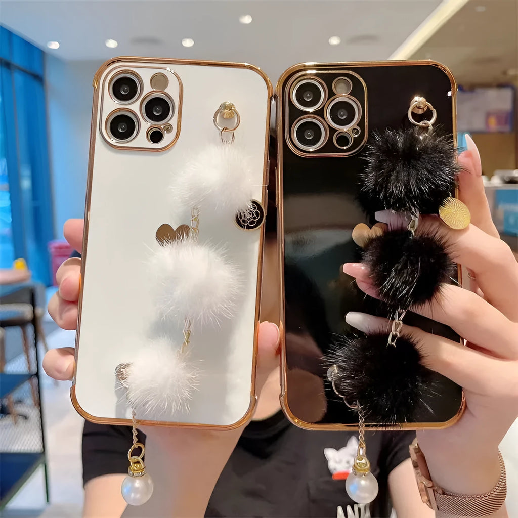 Soft silicone iPhone case with plush bracelet and holder, side love design, electroplated rear cover.