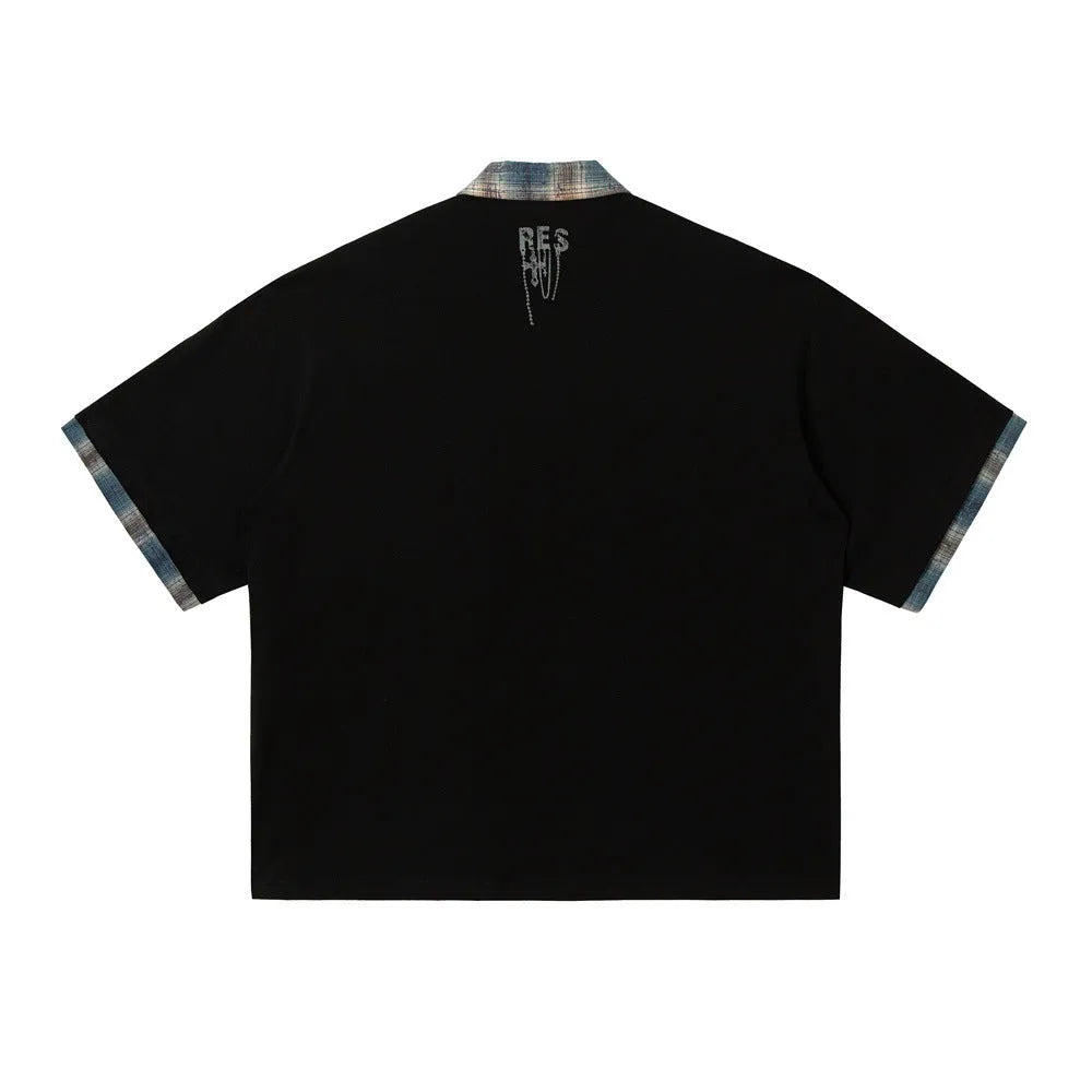 Men's loose fit cotton short sleeve top with asymmetric lapel graffiti printing in blue or red
