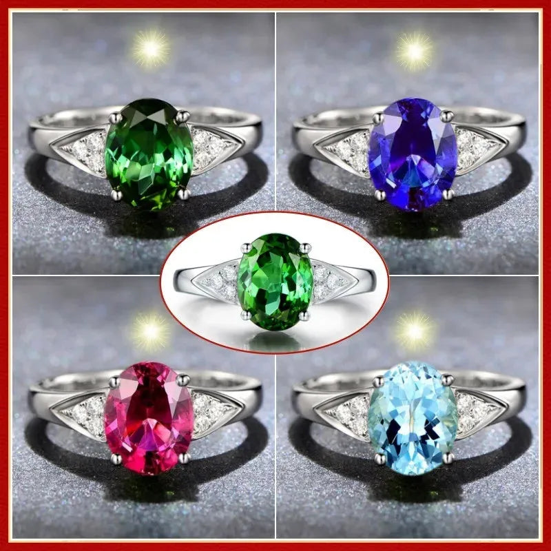 A women's court-style ring with a natural zircon stone, showcasing heart, water drop, and bell pattern options in red, blue, green, and light blue.