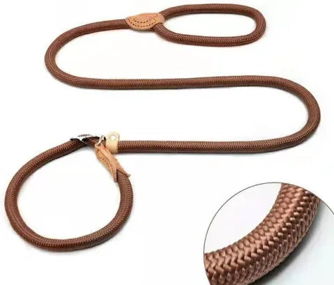 Brown nylon P chain dog leash with hand holding rope measuring 2.1 metres