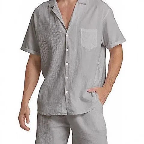 Men's flax summer sports shorts suit in army green with short-sleeved top
