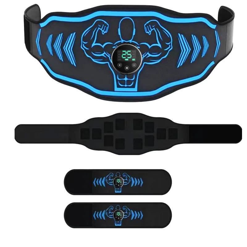 Orange and blue EMS smart massage belt sets with control host, main belt, and arm electrode pads.